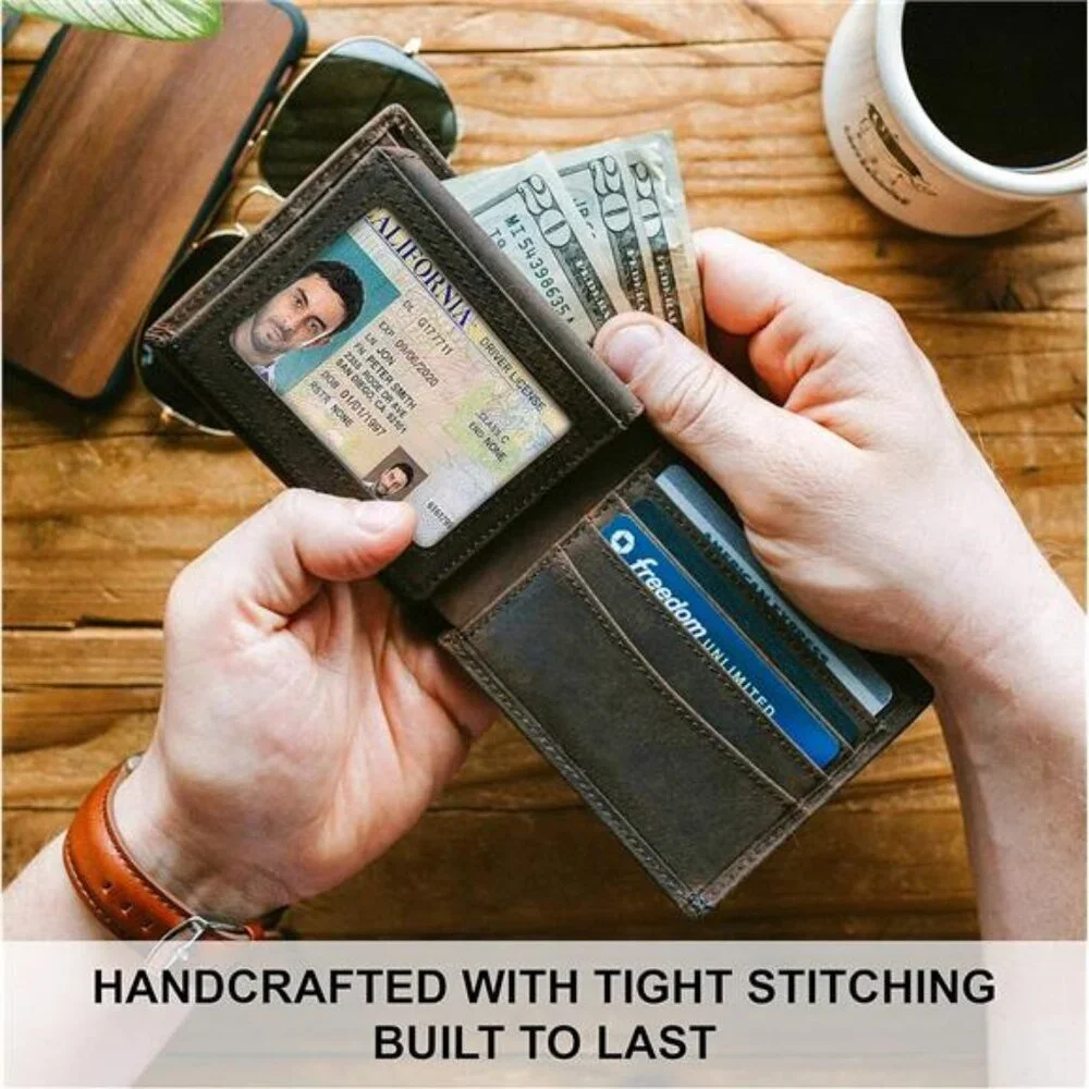 Mens Leather Wallet RFID Blocking Bifold Slim Billfold 8 Card Slots Gift
